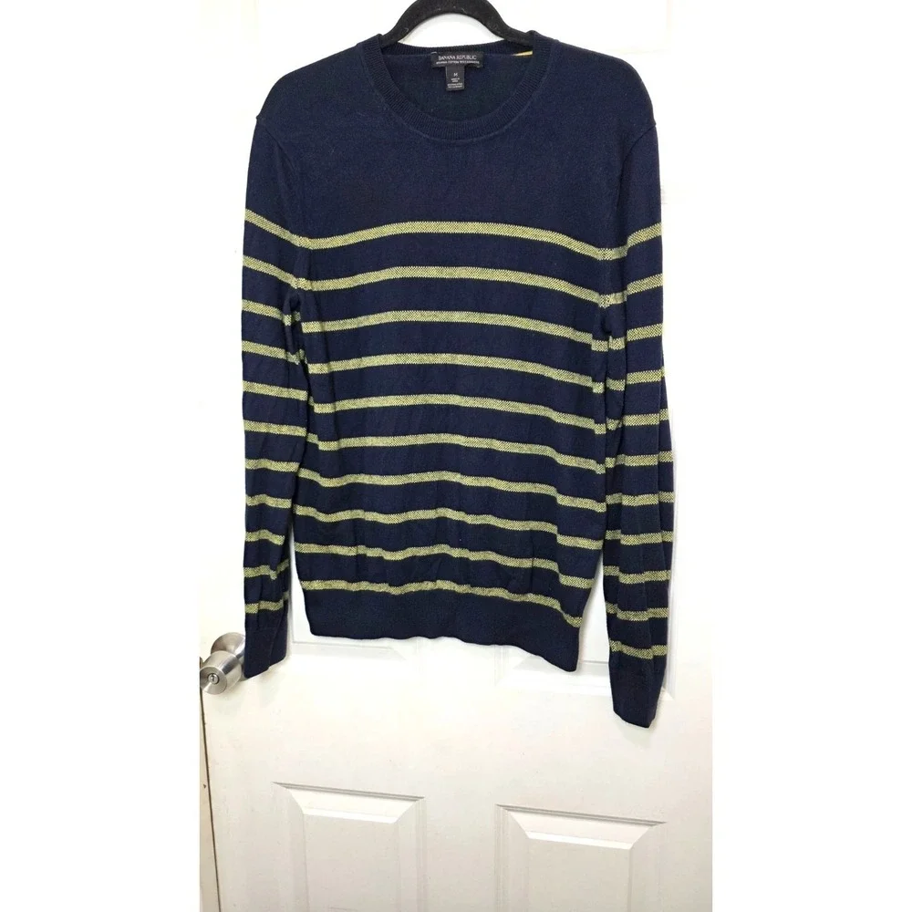 Banana‎ Republic Navy & Yellow Striped Sweater M 85% Pima Cotton 15% Cashmere